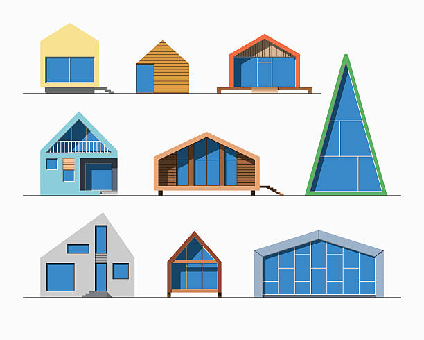 Tiny houses linear 1 color Set of various design small vector color modern private residential houses isolated on light background. Minimalistic eco-friendly architecture reusing energy, reserving nature resources collection house borders stock illustrations