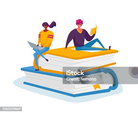 istock Tiny Male and Female Characters Reading and Working on Laptop Sitting on Huge Books Pile. Students Spend Time in Library 1260329669