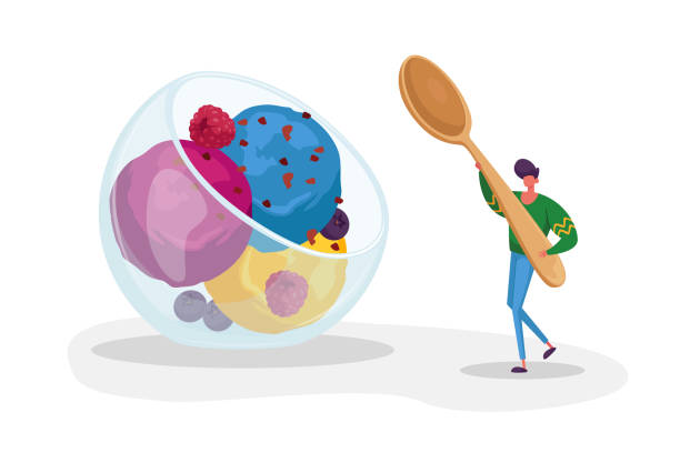 Tiny Male Character Carry Huge Spoon in Hand for Eating Fruit Ice Cream Scoop Balls in Glass Bowl. Summer Time Food Tiny Male Character Carry Huge Spoon in Hand for Eating Fruit Ice Cream Scoop Balls in Glass Bowl. Summer Time Food, Delicious Sweet Dessert, Cold Treat. Man with Icecream. Cartoon Vector Illustration bowl of ice cream stock illustrations