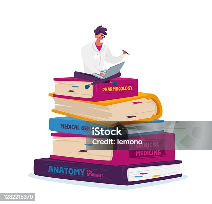 istock Tiny Man Medical Intern in White Robe Work on Laptop Sitting on Huge Books Pile Prepare for Examination, Learning 1282216370