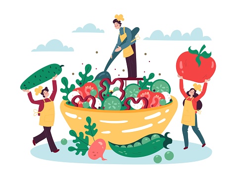 Tiny people cook salad. Characters drag huge vegetables into large salad bowl. Persons make vegetarian recipe. Chefs put tomatoes or cucumbers in plate. Healthy vitamin food. Vector concept
