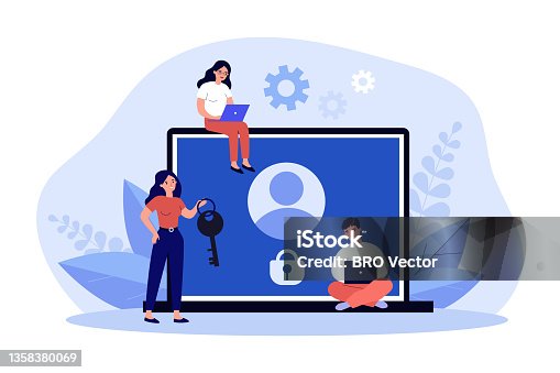 istock Tiny people with account under lock on laptop screen 1358380069
