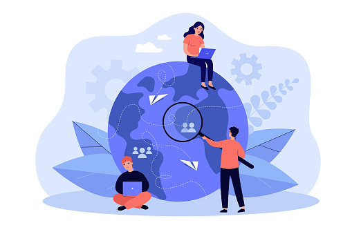 Tiny people working from different countries isolated flat vector illustration. Cartoon idea of teamwork, investment and tech business process. Outsourcing and recruitment concept