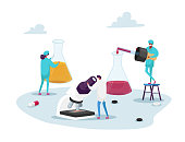 Tiny Pharmacist Characters Stand at Huge Beakers with Liquid Medication and Microscope in Pharmacy or Drugstore. Chemist Doctors Create Remedy. Health Care Medicine. Cartoon People Vector Illustration