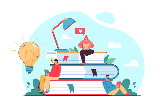 Tiny student sitting on book pile and reading Tiny student sitting on book pile and reading flat vector illustration. Cartoon bookworm people studying and getting new knowledge. Library, literature and education concept mini fan stock illustrations