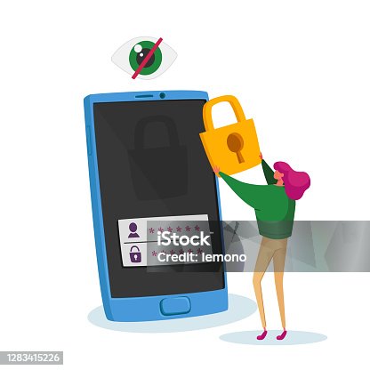 istock Tiny Woman Character Stand at Huge Mobile Phone Put Padlock on Screen with Password and Login Identification Information 1283415226