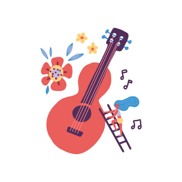 Tiny woman musicians playing guitar cartoon characters. Musical instrument, plant leaves, female guitarist with small ladder scandinavian style clipart. Music band concert flat hand drawn illustration Tiny woman musicians playing guitar cartoon characters. Musical instrument, plant leaves, female guitarist with small ladder scandinavian style clipart.Music band concert flat hand drawn illustration. mini fan stock illustrations