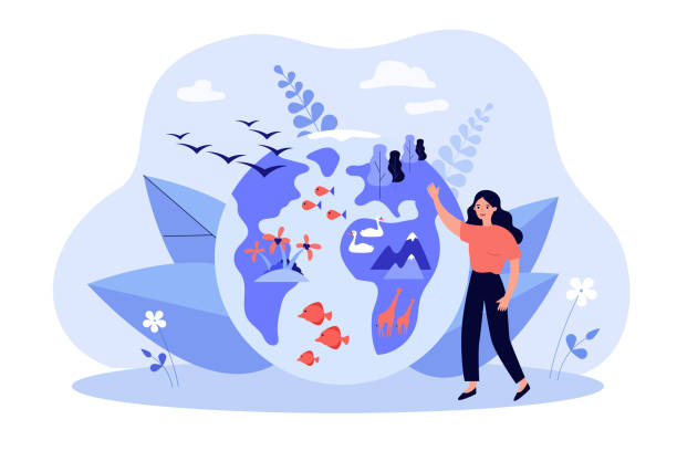 Tiny woman near globe with various flora and fauna Tiny woman near globe with various flora and fauna flat vector illustration. Cartoon Earth habitats, ocean animal, plants and wildlife. Biodiversity, conservation and climate awareness concept biodiversity stock illustrations
