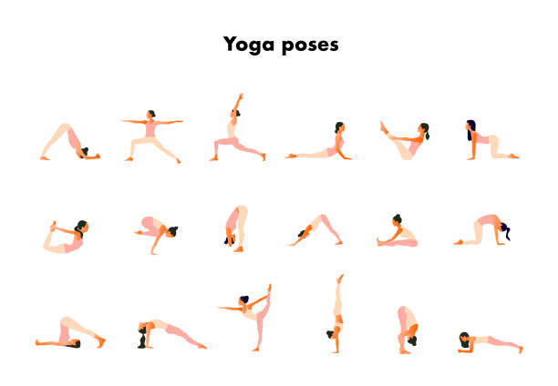 winzige frauen, die yoga-posen durchführen. frauen üben asanas und beckenbodenübungen. - yoga poses stock-grafiken, -clipart, -cartoons und -symbole