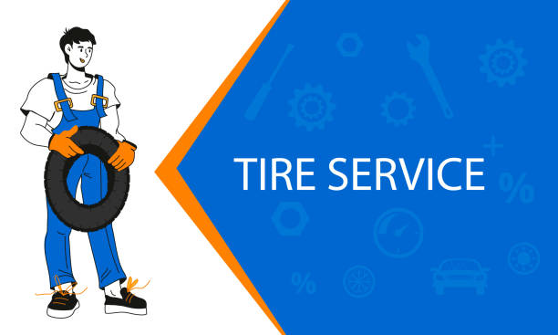 Tire service and Car repair banner with cartoon vector illustration. Tire service and Car repair banner with cartoon character of mechanic in workshop. Cartoon style banner or leaflet for car maintenance service and tire workshop, hand drawn vector illustration. garage backgrounds stock illustrations