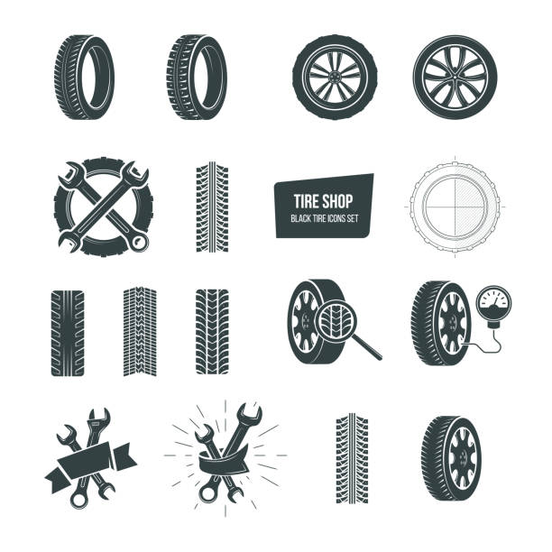 illustrations, cliparts, dessins animés et icônes de concept de boutique de pneu. pneu noir ensemble d’icônes. service, diagnostic, remplacement - pneus