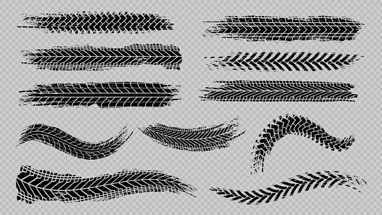 Tire trace track. Abstract wheels braking distances, tread silhouettes brushes. Isolated car or motorcycles vector trails