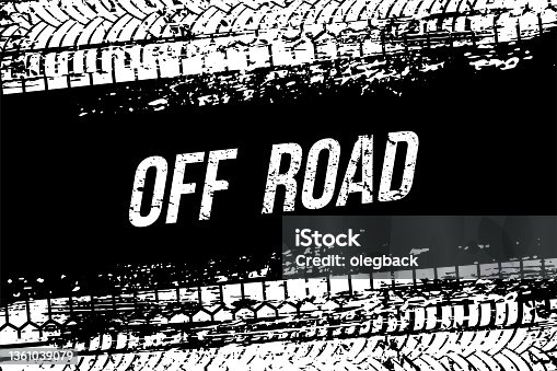 istock Tire tracks, grunge car or motorcycle wheel texture, off road text, tyre tread pattern 1361039079