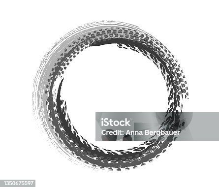 istock Tire tracks print circular-shaped texture. Automotive grunge round banner. 1350675597
