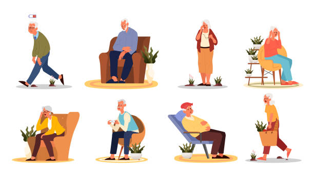 Tired and sleepy old man and woman. Eldery people with lack of energy Tired and sleepy old man and woman. Eldery people with lack of energy. Grandmother and grandfather sitting in armchair or standing and feeling weak. Vector illustration in cartoon style exhaustion stock illustrations