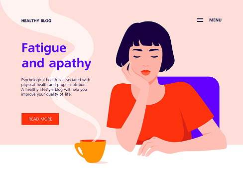 A tired Asian woman sits at the table. Apathy and depression. Boring study and work. Website template for health and lifestyle. Vector flat illustration