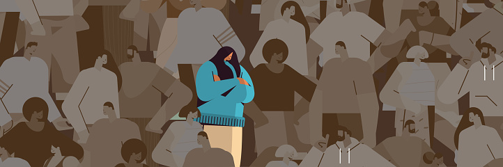 tired depressed woman standing out from crowd girl feeling desperate mental health diseases depression concept horizontal portrait vector illustration