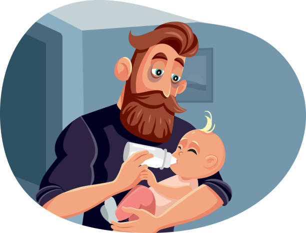 Tired Father Night Feeding Baby with Bottle Male parent waking up at nighttime calming hungry newborn baby formula stock illustrations