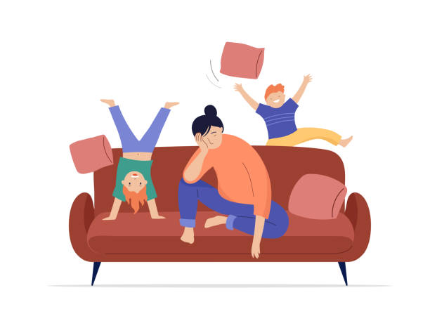Tired mother sits on sofa, children play, jump and run around her Tired mother sits on sofa, children play, jump and run around her. Vector illustration parent stock illustrations