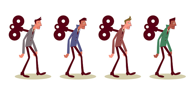 Businessman Characters Vector Art Illustration.
Tired Multi-Ethnic Group of businessmen with a wind-up key on their hunch back.