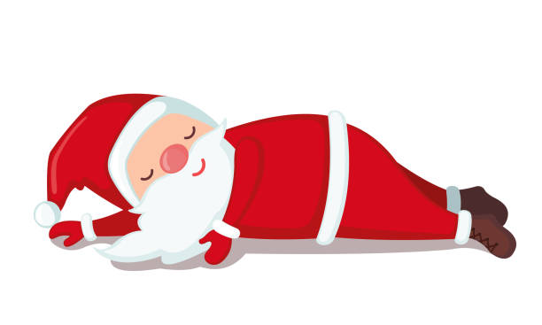 bildbanksillustrationer, clip art samt tecknat material och ikoner med trött jultomten sover på golvet isolerat på vit bakgrund. - boring date