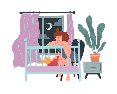 Tired sleepy mom rocks the baby in the cradle. concept of postpartum depression and difficulties of motherhood. Flat vector illustration. Isolated on white. Sleepless nights with a child