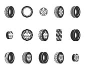 Tires, wheel disks auto service vector icons. Auto black wheel, illustration of automobile rubber wheel