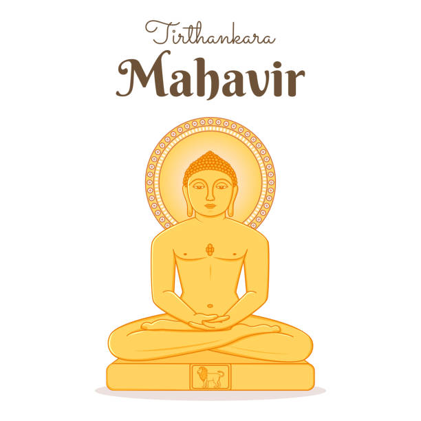 Tirthankar Mahavir of Jain religion. Mahavir Bhagwan idol, statue in sitting padmasna pose Tirthankar means ford maker. Nonviolence is the highest religion brimham rocks stock illustrations