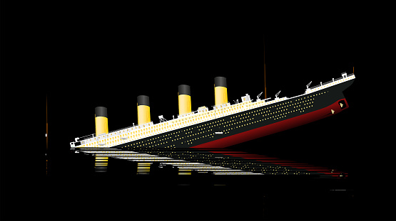 RMS Titanic. Side view, transatlantic sinking in the ocean at night. Big cruise transatlantic. Old big passengers ship. Detailed vintage famous sunken transatlantic. Vector illustration.