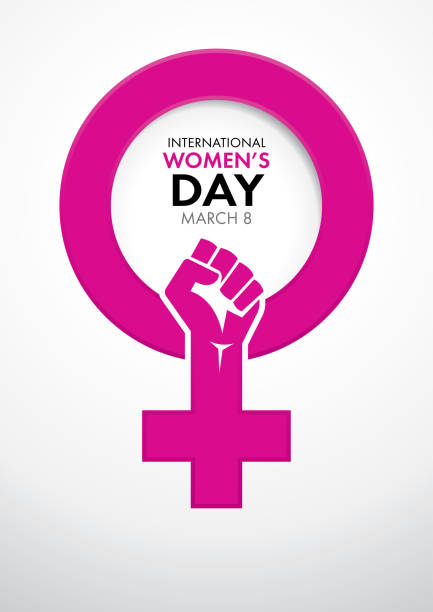 Title International Women's Day inside the symbol of woman in pink with a closed fist inside the symbol Title International Women's Day inside the symbol of woman in pink with a closed fist inside the symbol on white background women symbols stock illustrations