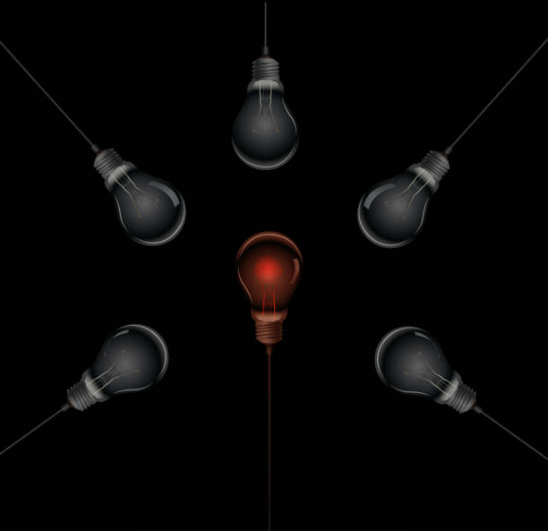 to be different, red hot bulb in the middle of the dark bulbs, hot idea, to be different, red hot bulb in the middle of the dark bulbs, hot idea, vector background of the glow in the dark hearts stock illustrations