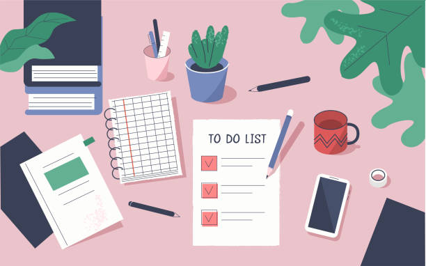 to do list To Do List with Check Marks. Modern Office Desk with Planners, Organizers, Notebooks. Planning, Personal Organizer and Time management Concept.  Flat Cartoon Vector Illustration. to do list stock illustrations