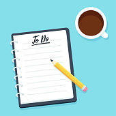 Blank To Do list, notebook with pencil and coffee cup, top view. Business planner vector illustration in modern flat cartoon style.