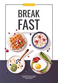 Toast with scrambled egg, yogurt with fruits, waffles, corn rings. Healthy eating, nutrition, cooking, breakfast menu, fresh food concept. A4 vector illustration for banner, flyer, poster, promo.