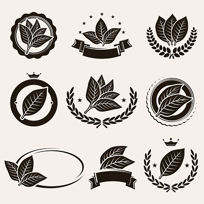 Tobacco leaf label and icons set. Vector