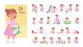 Toddler child, little girl playing with toys character set, pose sequences. Cute healthy baby 12 to 36 months wearing nice pink summer dress. Full length, different views, gestures, emotions, position