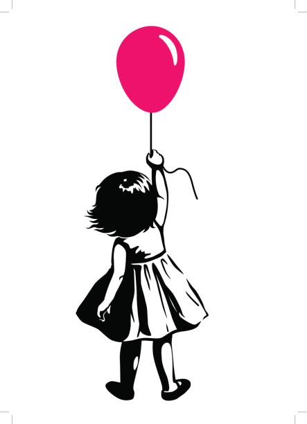 Toddler girl with red balloon, street art graffiti style Vector hand drawn black and white silhouette illustration of a toddler girl standing with pink red balloon in hand, back view. Urban street art style graffiti stencil art design element. balloon silhouettes stock illustrations