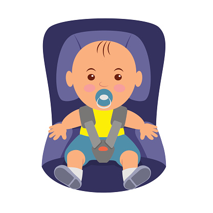 Toddler wearing a seatbelt in the car seat.