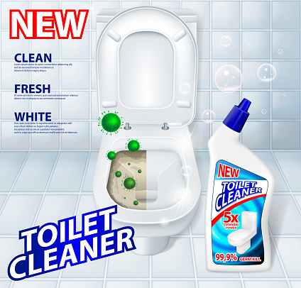 Toilet antibacterial, detergent cleaner ad poster including green microbes and soap bubbles. Realistic Toilet Cleaner gel Plastic package. 3d vector illustration