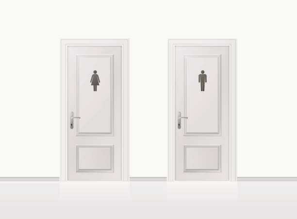 illustrations, cliparts, dessins animés et icônes de portes de toilettes pour les sexes masculins et féminins. porte de wc réaliste. - porte salle de bain