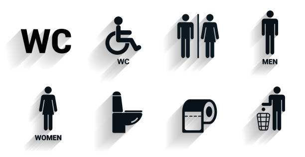 illustrations, cliparts, dessins animés et icônes de icônes de toilette mis en avec ombre., signes de toilette, icônes de toilettes. enseignes wc de salle de bains. conception plate. illustration vectorielle - handicap