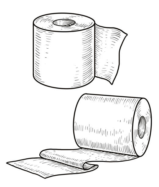 Toilet paper illustration, drawing, engraving, ink, line art, vector Illustration, what made by ink, then it was digitalized. bathroom drawings stock illustrations