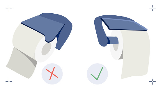 Toilet paper position handle meme. How to use roll in right way. Vector illustration in flat style. Great debate about lavatory paper in holder.Hygienic goods.