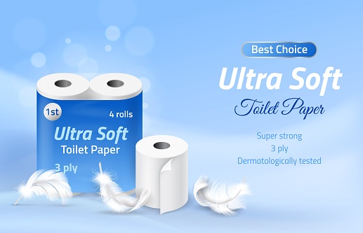 Toilet paper roll. Realistic white disposable soft towel and feather. Cellophane packaging with copy space. Napkin for intimate hygiene. Advertising banner template vector toiletry