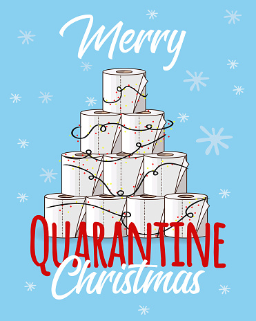 Toilet Roll Pyramid postcard. Merry Quarantine Christmas Card. Winter Holidays during Coronavirus. Christmas 2020. Christmas Party Covid-19. Flat Vector