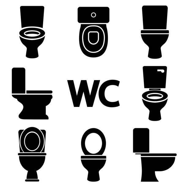 Toilet set icons, logo isolated on white background. Toilet bowl from different angles Toilet set icons, logo isolated on white background. Toilet bowl from different angles bathroom stock illustrations