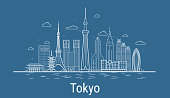 Tokyo city line art Vector. Illustration with all famous towers. Cityscape.