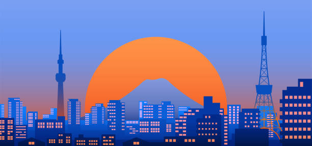 夕暮れ時の東京市街観 - 東京タワー点のイラスト素材／クリップアート素材／マンガ素材／アイコン素材