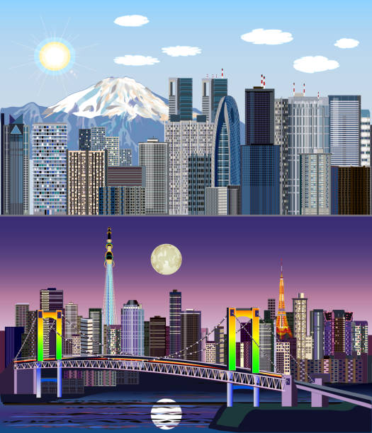 東京、日本、アジア - 昼夜からベクター キット - 東京　ビル点のイラスト素材／クリップアート素材／マンガ素材／アイコン素材