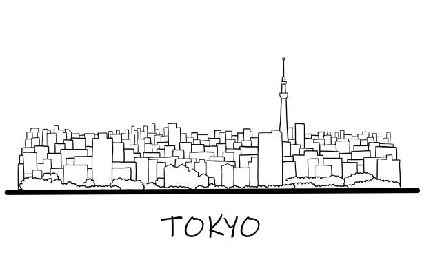 白い背景に描く東京のスカイラインフリーハンドのスケッチ。 - 東京　ビル点のイラスト素材／クリップアート素材／マンガ素材／アイコン素材